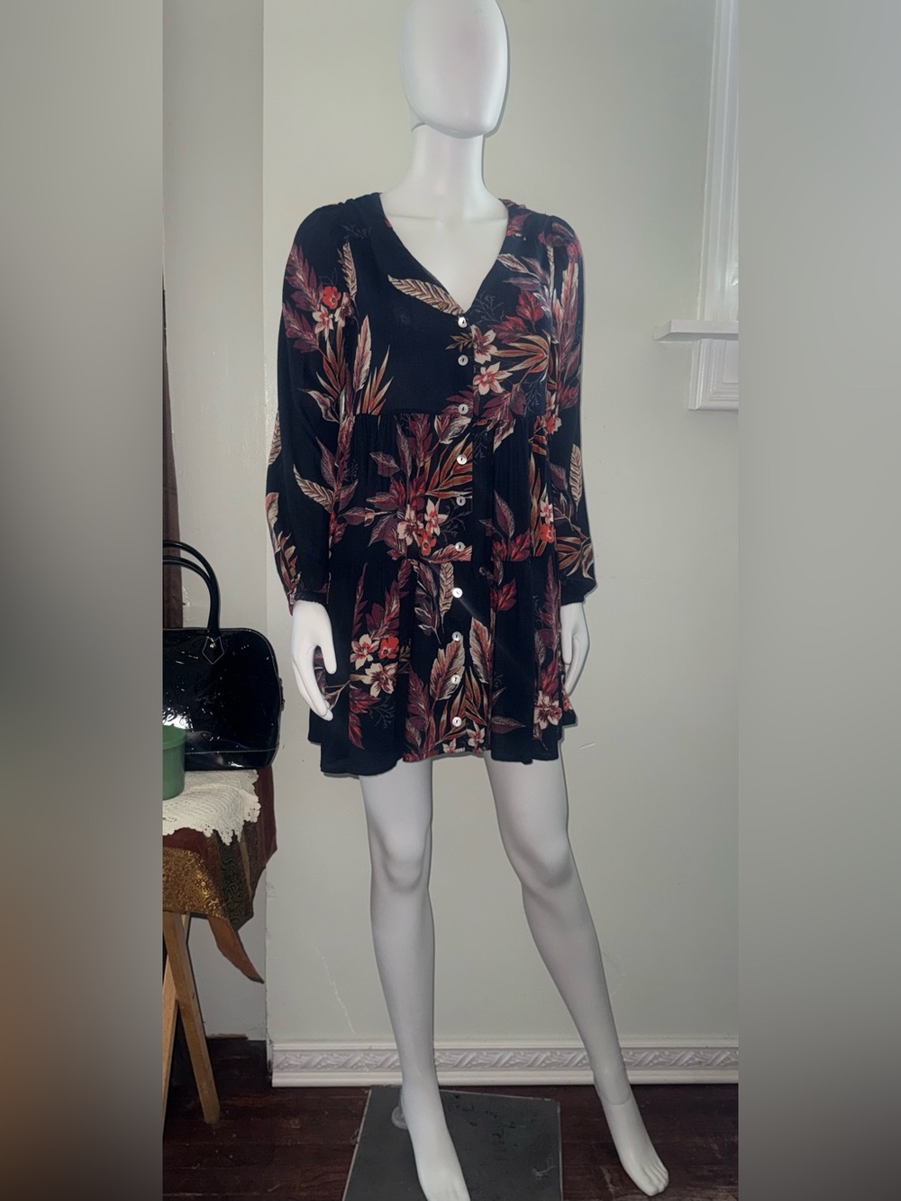 Patrons of Peace Black Floral Button-Front Mini Dress with Red and Cream Leaves